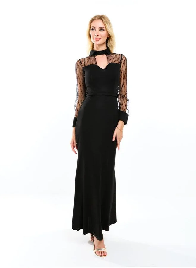 هاوس اوف مودا Flocked Mesh Insert Keyhole Neck Maxi Dress by Styli