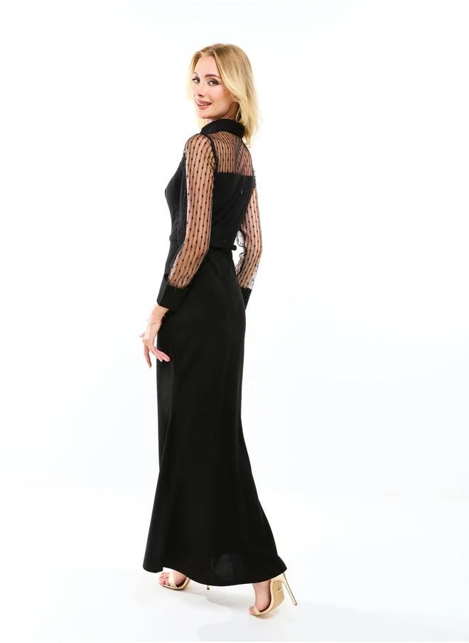 هاوس اوف مودا Flocked Mesh Insert Keyhole Neck Maxi Dress by Styli