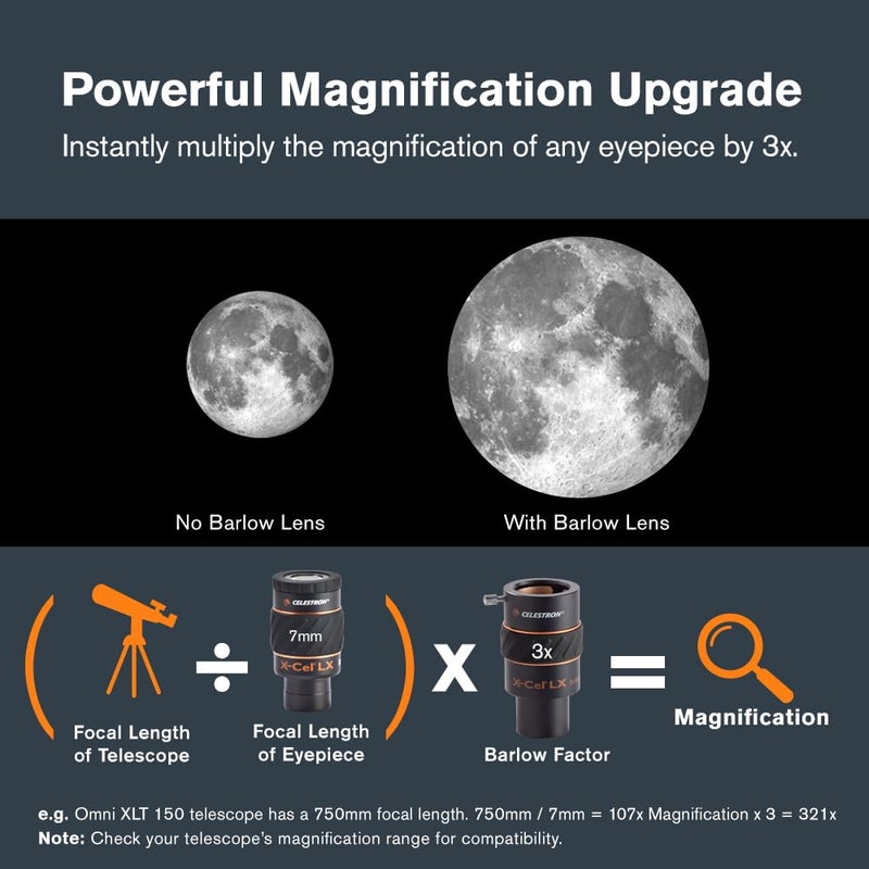 Celestron 1.25 Inch X-Cel LX 3X Barlow Lens, Black - Image 3