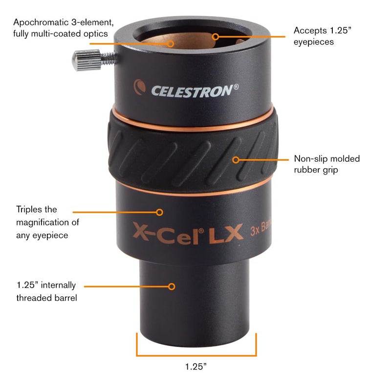 Celestron 1.25 Inch X-Cel LX 3X Barlow Lens, Black - Image 2