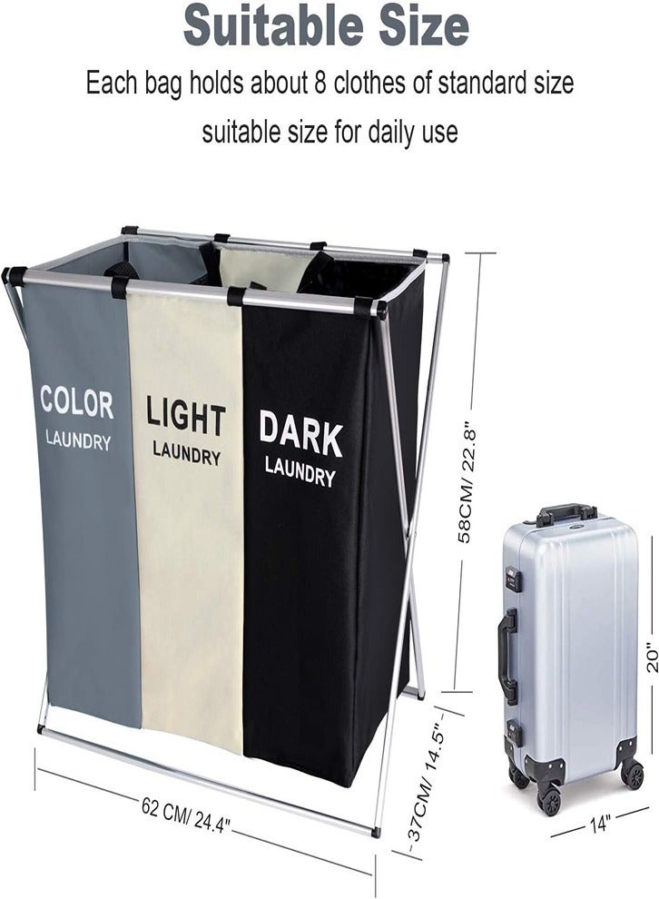 BENEVE 120L Laundry Cloth Basket Sorter Basket Folding Garbage Bag 3 Sections with Aluminum Frame 24'' × 14'' x 23'' Wash Storage Laundry Bag for Bathroom, Bedroom, Home, Garage - Image 3