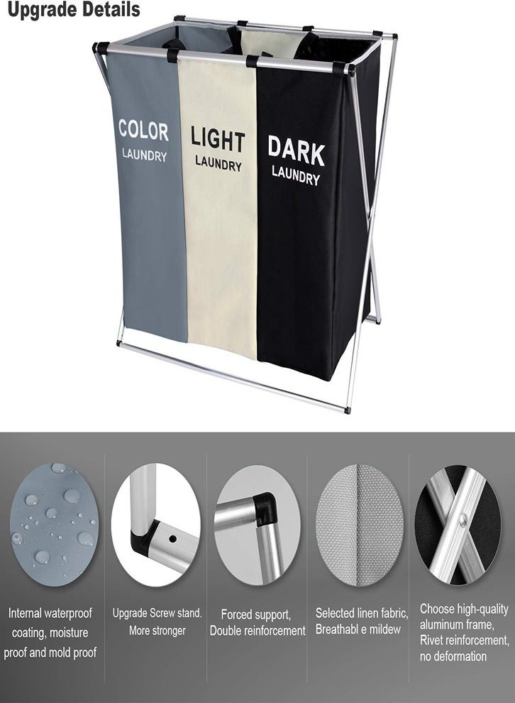 BENEVE 120L Laundry Cloth Basket Sorter Basket Folding Garbage Bag 3 Sections with Aluminum Frame 24'' × 14'' x 23'' Wash Storage Laundry Bag for Bathroom, Bedroom, Home, Garage - Image 4