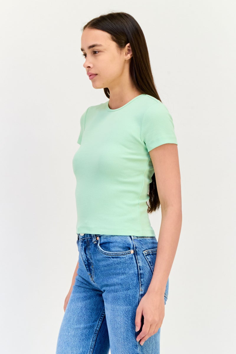 VERO MODA بلوزة قصيرة الأكمام بتصميم محبوك للنساء، لون أخضر نعناعي - Image 3