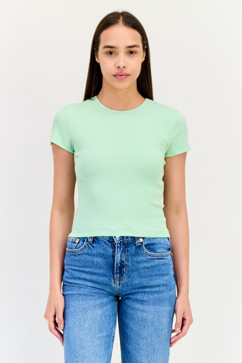 VERO MODA بلوزة قصيرة الأكمام بتصميم محبوك للنساء، لون أخضر نعناعي - Image 1