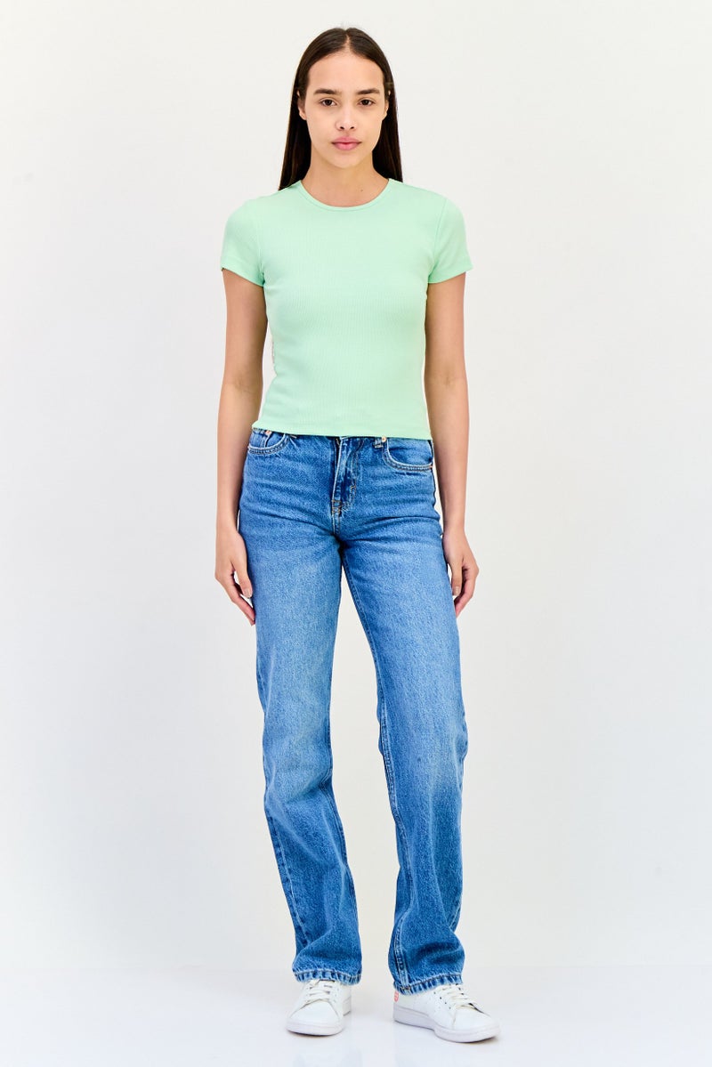 VERO MODA بلوزة قصيرة الأكمام بتصميم محبوك للنساء، لون أخضر نعناعي - Image 4