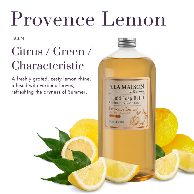A LA MAISON French Liquid Hand Soap Refill, Provence Lemon - Natural Hand Wash Made with Essential Oils - Biodegradable, Plant-Based, Vegan, Cruelty-Free, Alcohol & Paraben Free (33.8 oz, 1 Pack) - Image 2