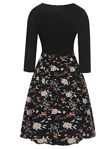 oxiuly Women's Vintage Patchwork Pockets Puffy Swing Casual Party Dress OX165 (Black FPT7, m) - Image 5