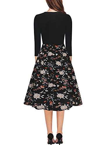 oxiuly Women's Vintage Patchwork Pockets Puffy Swing Casual Party Dress OX165 (Black FPT7, m) - Image 2