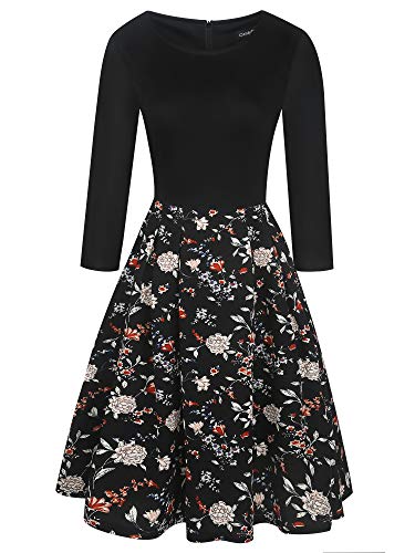 oxiuly Women's Vintage Patchwork Pockets Puffy Swing Casual Party Dress OX165 (Black FPT7, m) - Image 3