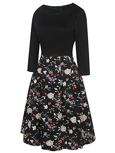 oxiuly Women's Vintage Patchwork Pockets Puffy Swing Casual Party Dress OX165 (Black FPT7, m) - Image 4
