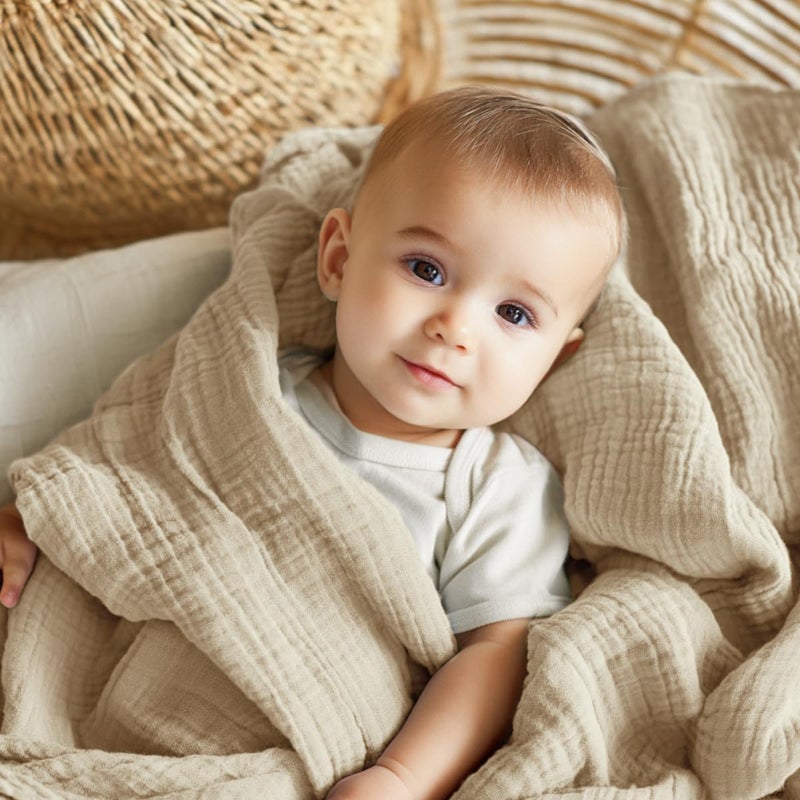 EMME Muslin Baby Blankets 100% Cotton 4-Layer Swaddle Baby 40"x50" Lightweight Soft Breathable Cooling Baby Blanket for Toddler, Infant, Newborn, Boys and Girls All Season Gauze Blanket, Light Tan - Image 4