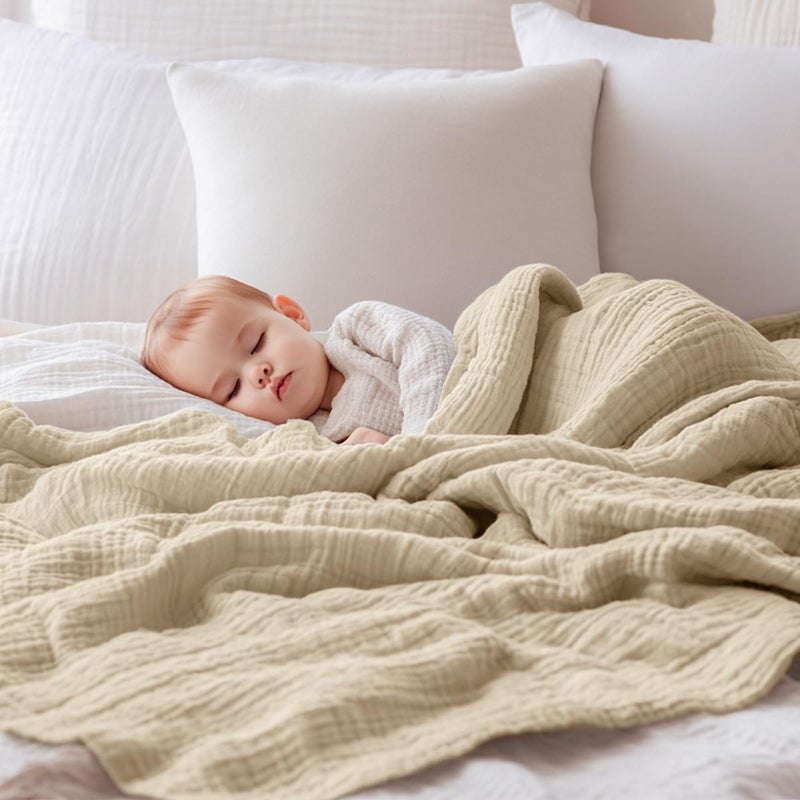 EMME Muslin Baby Blankets 100% Cotton 4-Layer Swaddle Baby 40"x50" Lightweight Soft Breathable Cooling Baby Blanket for Toddler, Infant, Newborn, Boys and Girls All Season Gauze Blanket, Light Tan - Image 3
