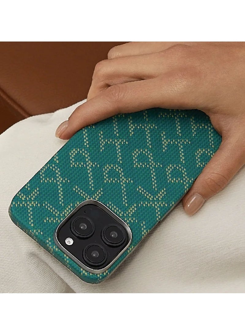 PITAKA PITAKA iPhone 16 Pro Max Floating Woven Case, Aramid Fiber, Thin, Lightweight, MagSafe Compatible, Wireless Charging, Shockproof, Stylish, 9th Anniversary Monogrammed Tactile Woven Case (PTK - Green/Gold)  - Image 4
