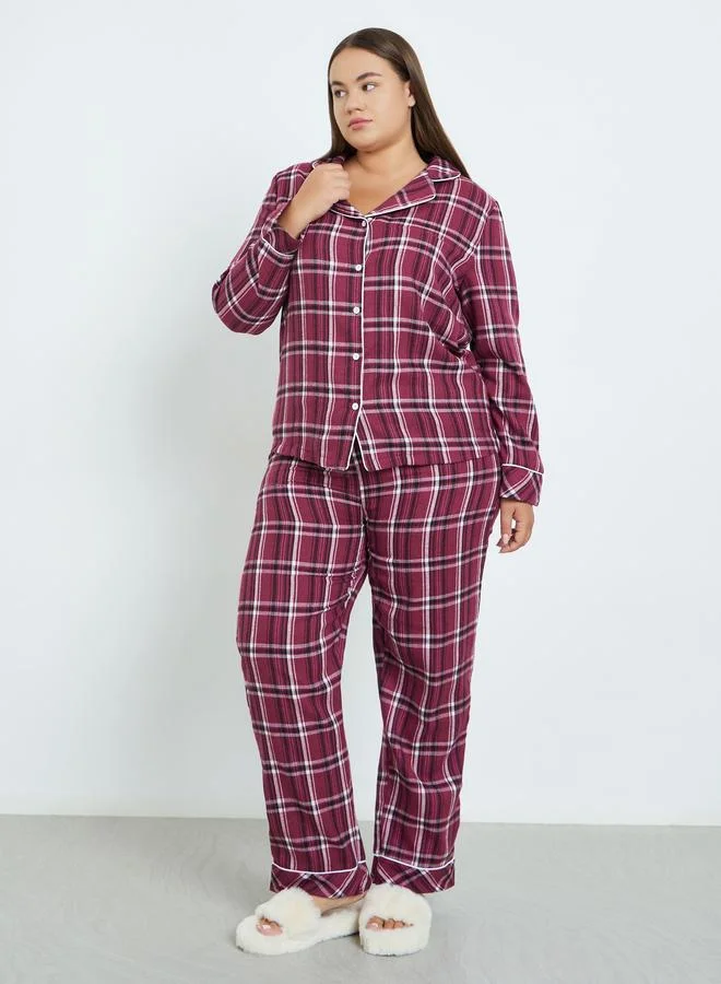 Styli Plus Size Checked Shirt and Pyjama Set