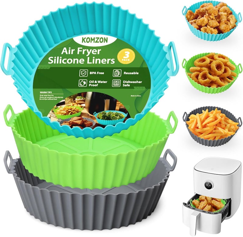 Komzon 3 Pack Air Fryer Silicone Liners, 8Inch Airfryer Liners, AirFryer Basket Liner, Reusable Food Grade Air Fryers Basket Pots Oven Liner Baking Tray, Air Fryer Silicone Mat Accessories Kitchen - Image 1