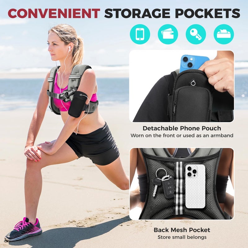 BAGAIL Comfort-Fit Weighted Vest for Woman, Even Weight Distribution, Faster Weight Loss, No-Chafe or Bounce for Walking & Running with Detachable Phone Pouch & Reflective Stripes (Available 5-30lbs) - Image 5