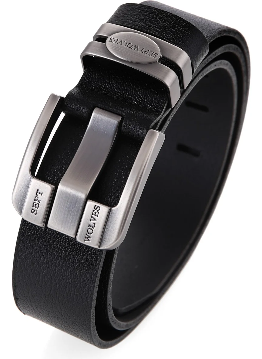 ستب وولفز Genuine Leather 120CM Black Men's Belt with Metal Buckle