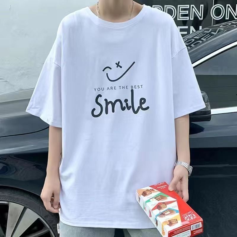 Buy One Get One Free Short-sleeved T-shirt for Male Students Summer Trendyy Half-sleeved Bottoming Shirt Loose Slimming Look Heavyweight Couple T-shirt 9【DX single piece】smile white