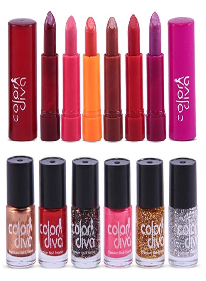 Adbeni Combo - COLOR DIVA LIpsticks & Nail Polishes set, Pack of 12, (GC1442) - Image 1