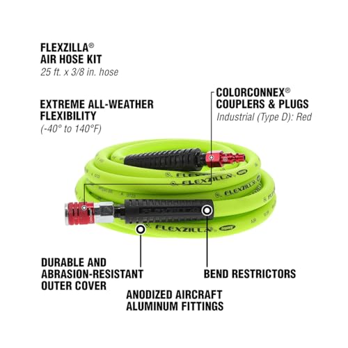 Flexzilla Air Hose with ColorConnex Industrial Type D Coupler and Plug, 3/8 in. x 25 ft., Heavy Duty, Lightweight, Hybrid, ZillaGreen - HFZ3825YW2-D - Image 3