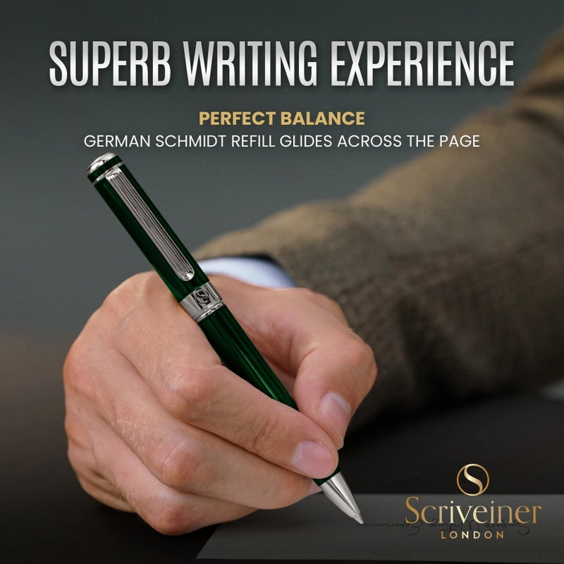 Scriveiner قلم حبر جاف أخضر من سكريفينر - قلم فاخر بلون الأخضر البريطاني المذهل، تشطيب كروم، إعادة تعبئة شميت سوداء، أفضل مجموعة هدايا لأقلام الحبر للرجال والنساء، للمكتب التنفيذي المحترف، قلم مصمم جميل - Image 4