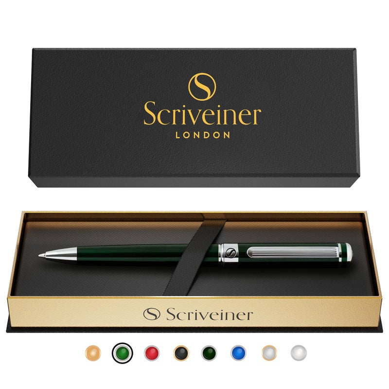Scriveiner قلم حبر جاف أخضر من سكريفينر - قلم فاخر بلون الأخضر البريطاني المذهل، تشطيب كروم، إعادة تعبئة شميت سوداء، أفضل مجموعة هدايا لأقلام الحبر للرجال والنساء، للمكتب التنفيذي المحترف، قلم مصمم جميل - Image 1