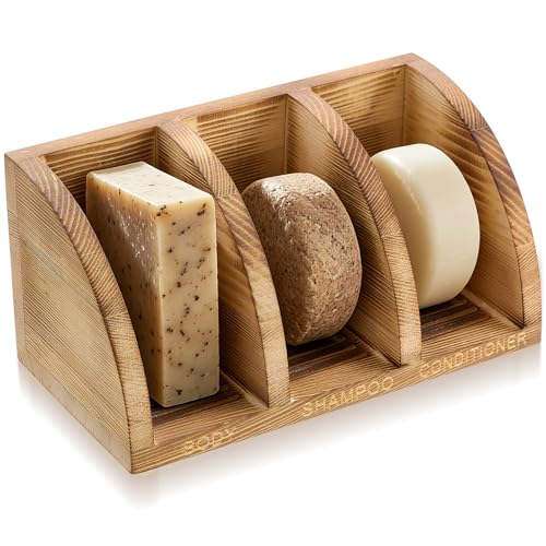 Ferrochef Wooden Shampoo Bar Holder Multi Bar Soap Dish with Self Draining 3 Slot Natural Wood Soap Holder for Shower Conditioner Bathroom Organizer Extend Shampoo Life Keep Dry Neat - Image 1