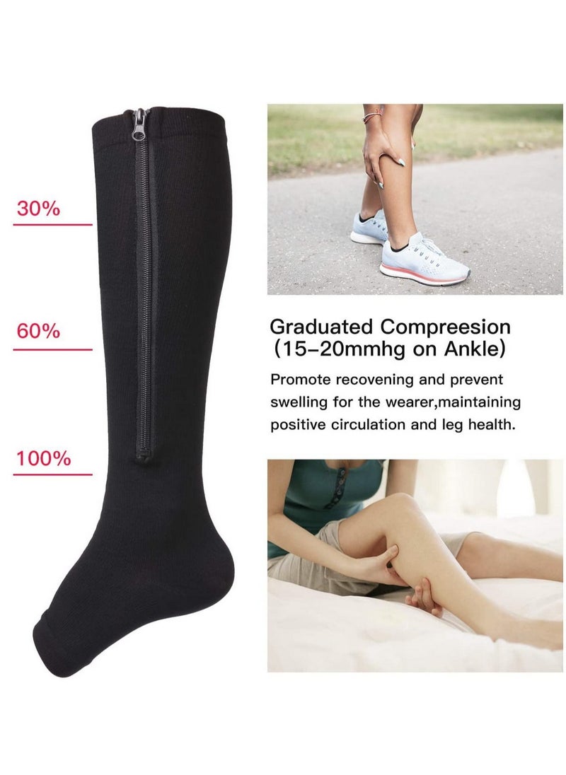 RATSAW - 15 to 20mmHg Compression Socks 2 Pairs Toeless with Copper Fiber Open Toe Knee High Support Stockings with Zipper for Men and Women Flesh and Black - Image 1
