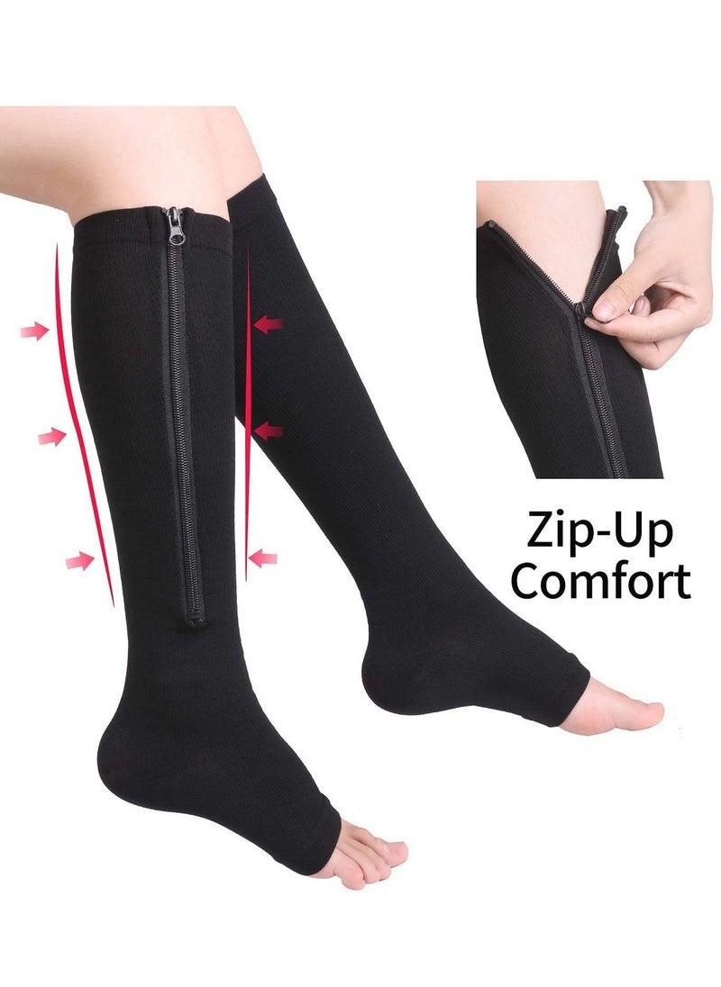 RATSAW - 15 to 20mmHg Compression Socks 2 Pairs Toeless with Copper Fiber Open Toe Knee High Support Stockings with Zipper for Men and Women Flesh and Black - Image 1