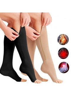 15 to 20mmHg Compression Socks 2 Pairs Toeless with Copper Fiber Open Toe Knee High Support Stockings with Zipper for Men and Women Flesh and Black