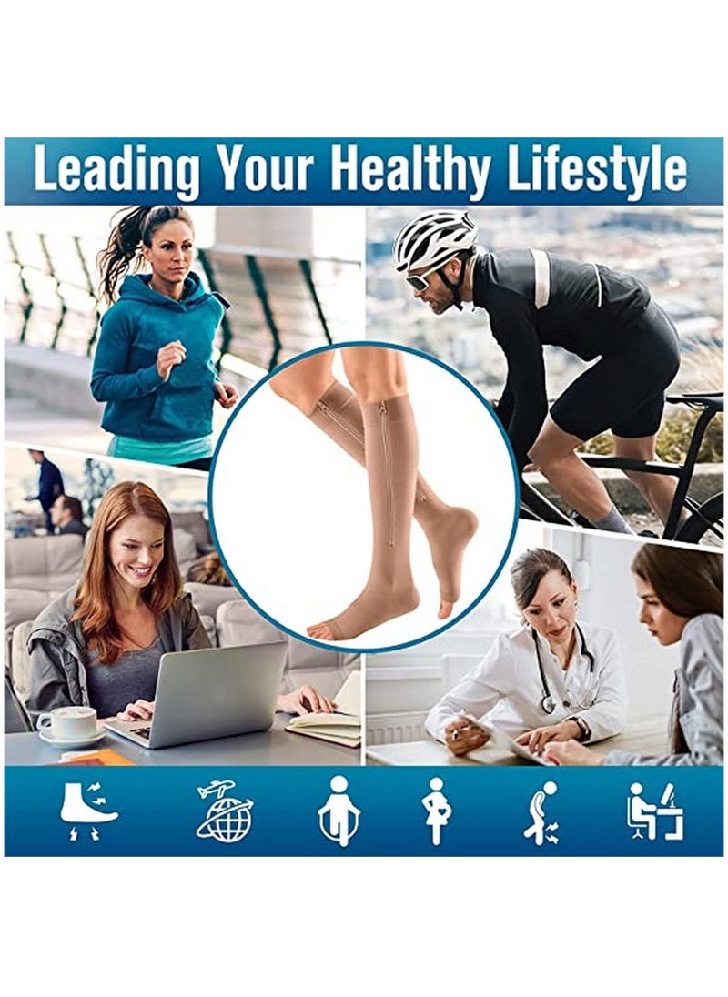RATSAW - 15 to 20mmHg Compression Socks 2 Pairs Toeless with Copper Fiber Open Toe Knee High Support Stockings with Zipper for Men and Women Flesh and Black - Image 1
