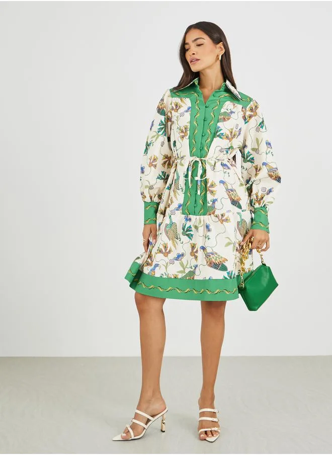 Styli Styli Printed Long Sleeves Shirt Knee-Length Dress
