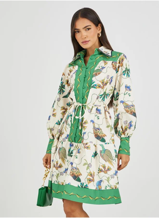 Styli Styli Printed Long Sleeves Shirt Knee-Length Dress
