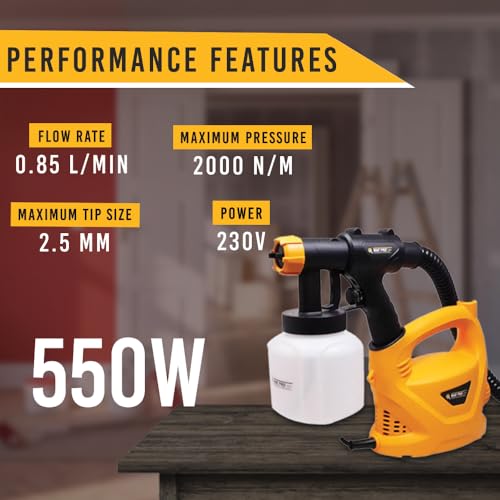 MAF PRO MSG-5502 550W HVLP Spray Gun, 800ml | with Viscosity Measuring Cup, Portable Shoulder Mountable Corded Electric Fast Air Painting Tool | 0.85 l/min Output | 1.8m Hose (Yellow) - Image 5