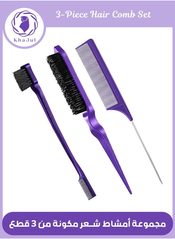 KHAJUL - 3-Piece Slick Back Hair Brush Set Bristle Hair Brush Edge Control Brush Teasing Comb Rat Tail Comb for Women Baby Kids' Hair (Purple) - Image 1
