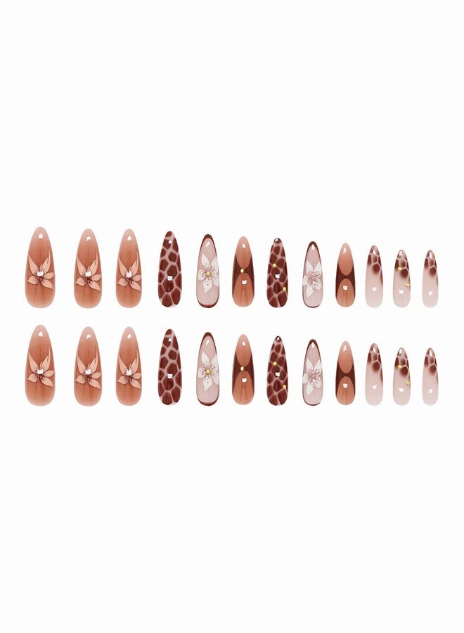 MISUD Press on Nails - Medium Almond Fake Nails with Fall Brown Acrylic Handmade Autumn Flower Design 24 pcs - Image 4