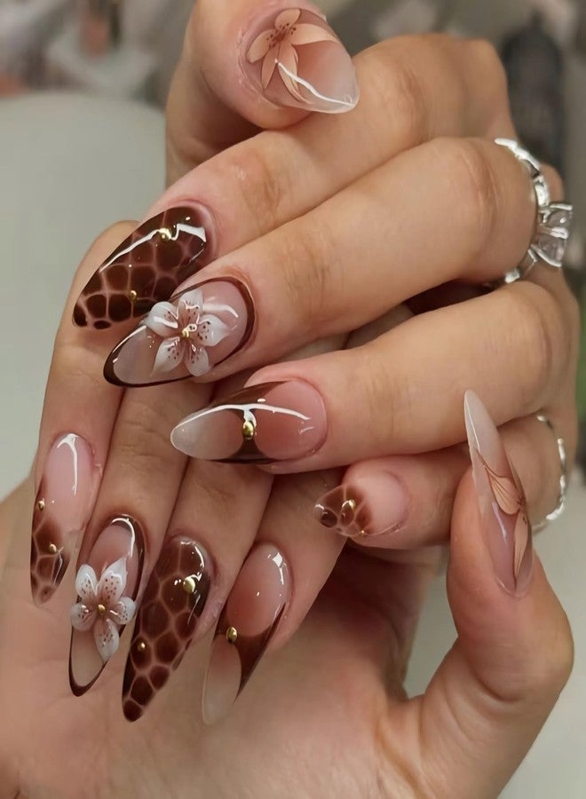MISUD Press on Nails - Medium Almond Fake Nails with Fall Brown Acrylic Handmade Autumn Flower Design 24 pcs - Image 1