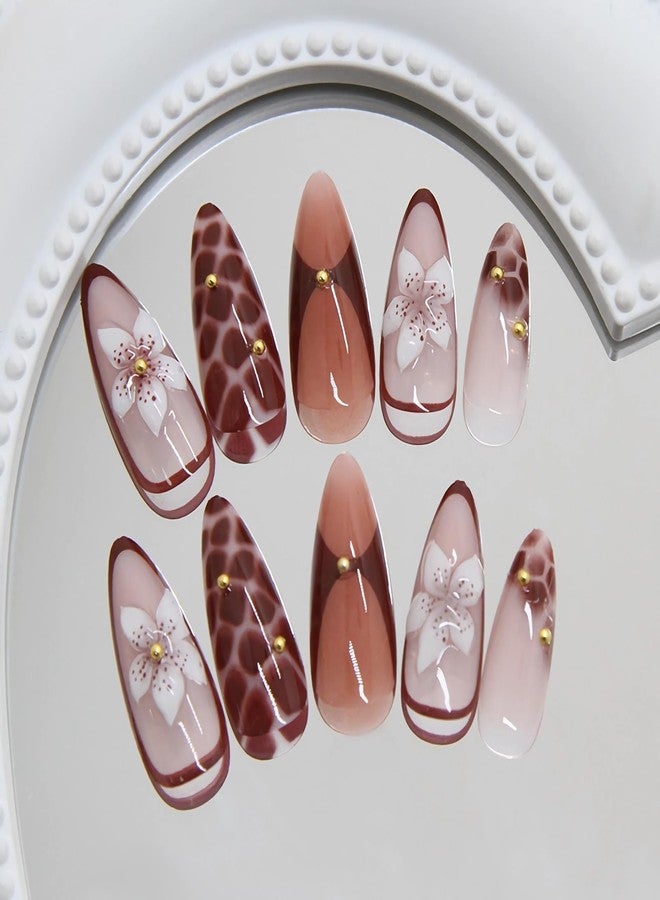 MISUD Press on Nails - Medium Almond Fake Nails with Fall Brown Acrylic Handmade Autumn Flower Design 24 pcs - Image 3