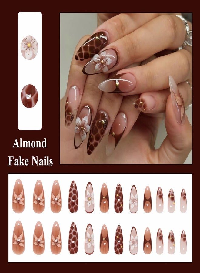 MISUD Press on Nails - Medium Almond Fake Nails with Fall Brown Acrylic Handmade Autumn Flower Design 24 pcs - Image 5