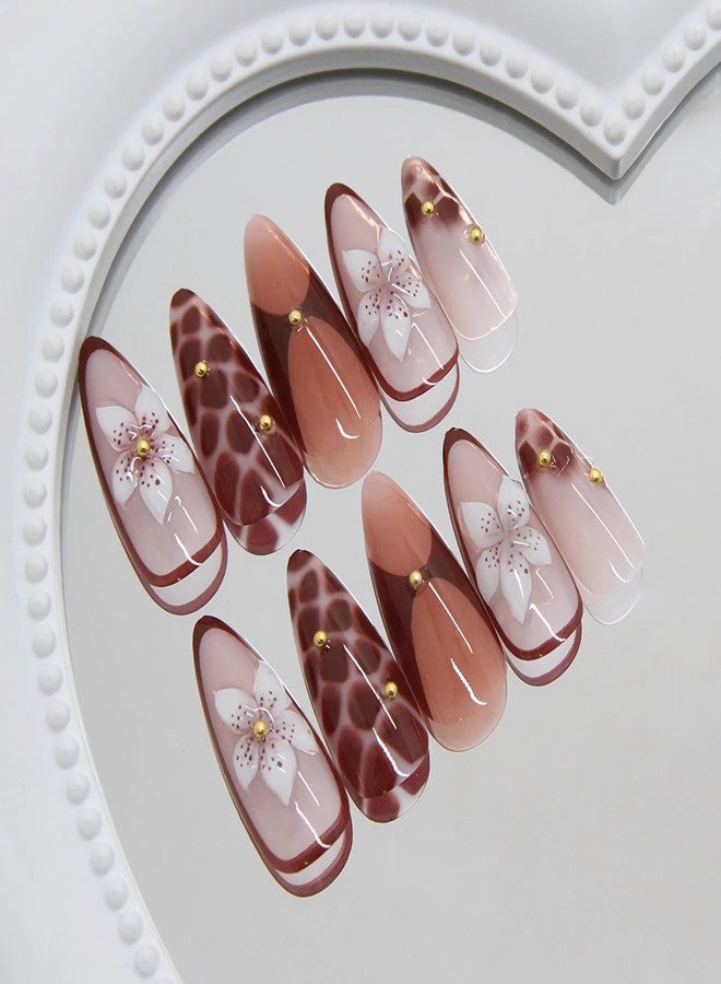 MISUD Press on Nails - Medium Almond Fake Nails with Fall Brown Acrylic Handmade Autumn Flower Design 24 pcs - Image 2