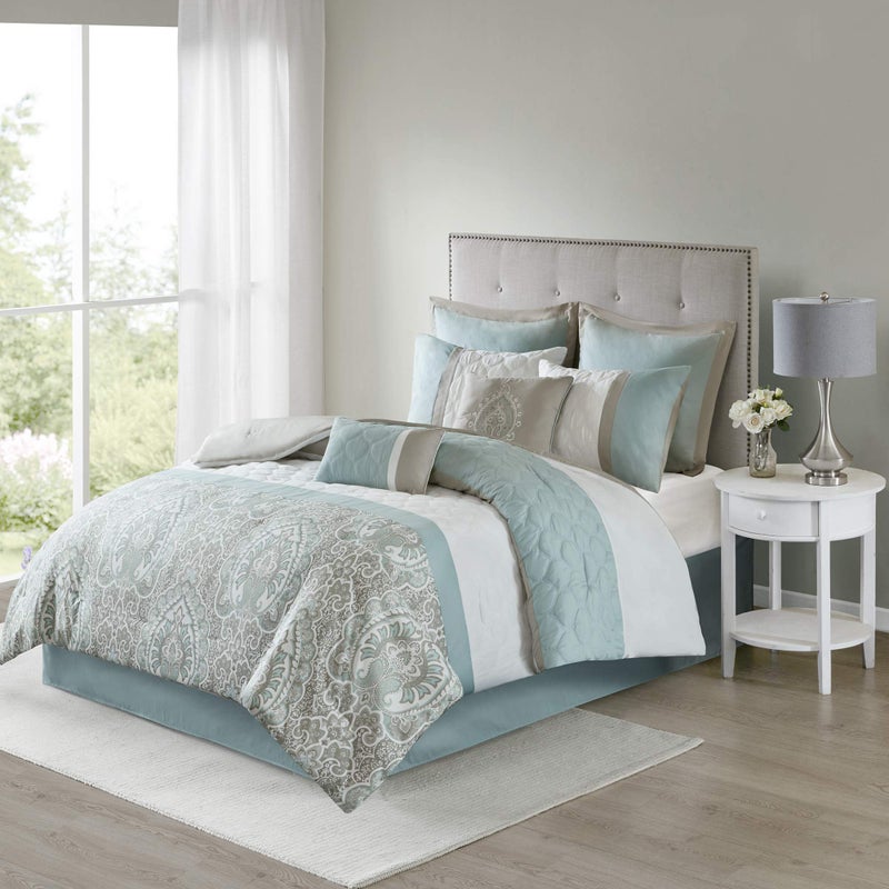 510 DESIGN 510 DESIGN Cozy Comforter Set  Geometric Honeycomb Design All Season Down Alternative Casual Bedding with Matching Shams Decorative Pillows Cal King104x92 SeafoamGrey 8 Piece 