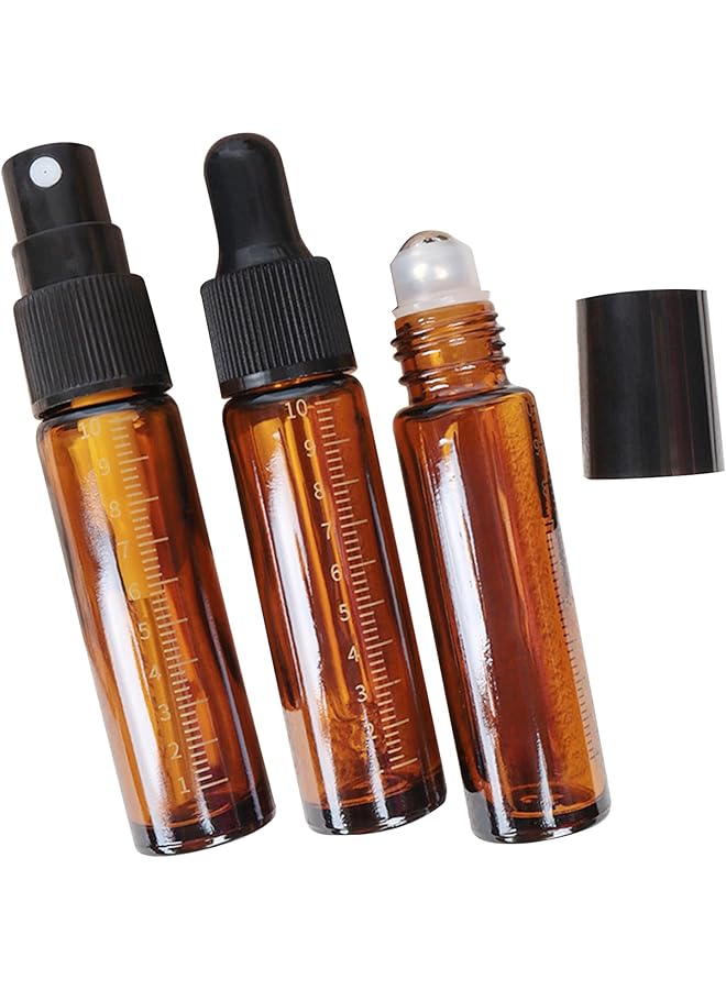 إي سي في في 3 قطع زجاجات دوارة للزيوت العطرية زجاجات رذاذ زجاجية بنية 10 مل زجاجات قطارة زجاجية فارغة قابلة لإعادة الملء للعناية بالبشرة 1 * زجاجة دوارة 1 * زجاجة رذاذ 1 * زجاجة قطارة - Image 1