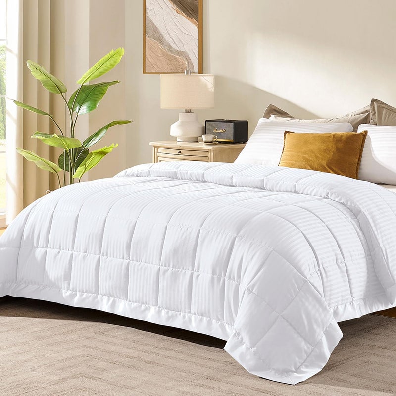 downluxe King Size Blanket with Satin Trim Lightweight Down Alternative King Blanket for All Season Machine Washable White 108 x 90 Inch