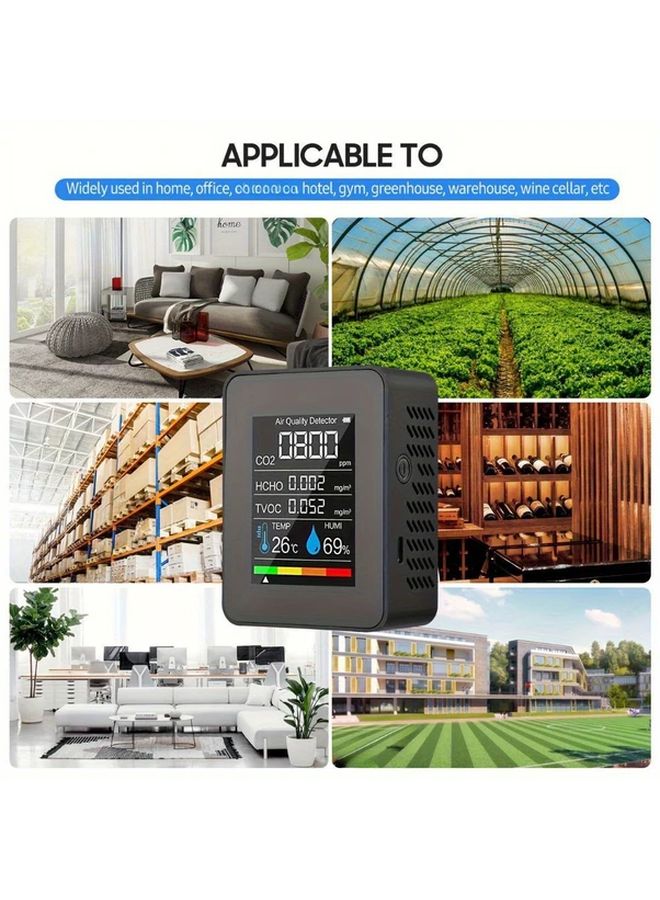 Black 5 In 1 Air Quality Monitor PM2 5 PM10 HCHO TVOC CO2 Detector USB Rechargeable LCD Display - Image 5