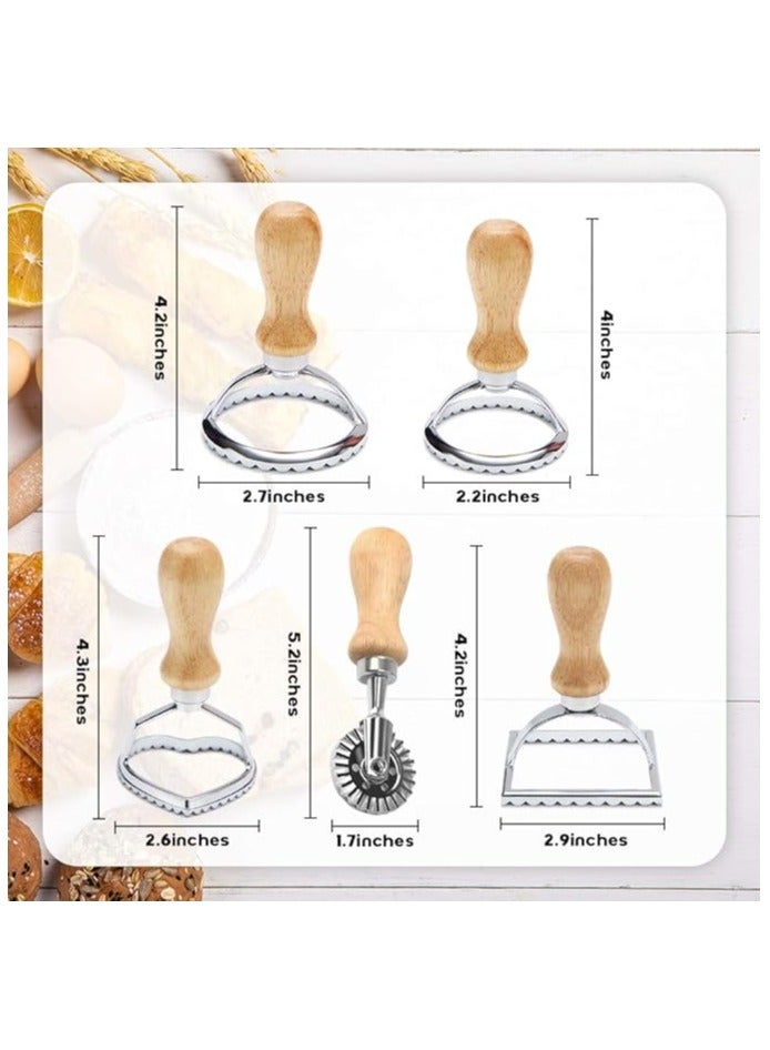 5PCS Ravioli Cutter Stamps Set, Ravioli Maker Molds and Stamps with Roller Wheel, Pasta Maker Mold, with Wooden Handle and Fluted Edge, for Ravioli, Pasta, Dumplings, Cookies, Baking - Image 2