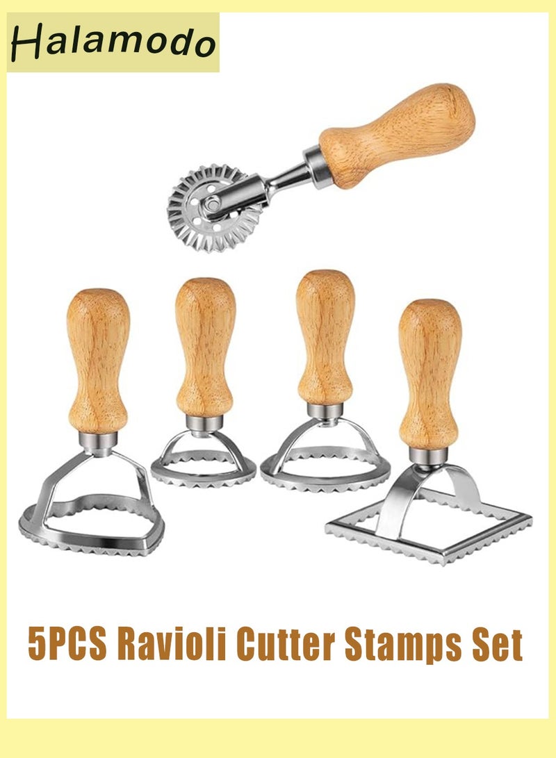 5PCS Ravioli Cutter Stamps Set, Ravioli Maker Molds and Stamps with Roller Wheel, Pasta Maker Mold, with Wooden Handle and Fluted Edge, for Ravioli, Pasta, Dumplings, Cookies, Baking - Image 1