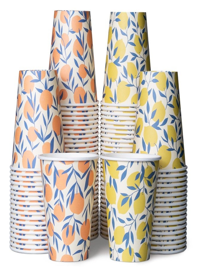MATICAN Disposable Coffee Cups, 100-Pack 12-oz Bulk Paper Cups for Hot or Cold Drinks, Orange Blossom and Yellow Lemon Cups for Office, Parties, and To-Go Use (No Lids) - Image 1