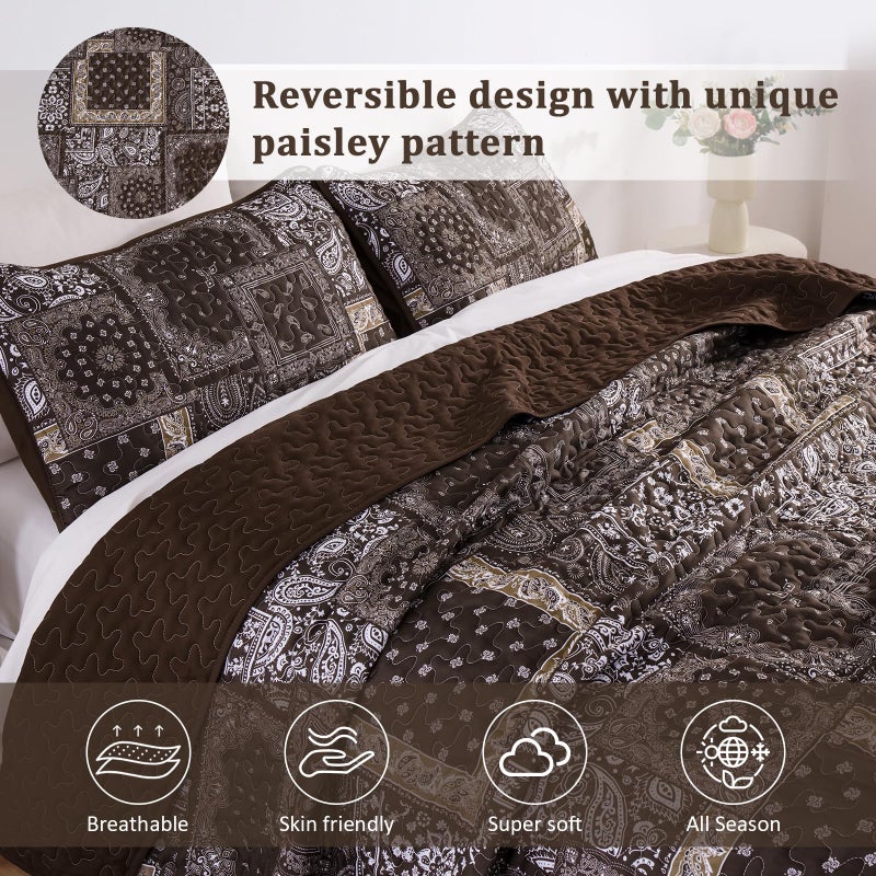 Cottolester Brown Patchwork Quilt Set King Size,3 Pieces Boho Paisley Quilt Set,Farmhouse Bedspread Soft Microfiber Bedding Set for All Season 110"x90" - Image 3
