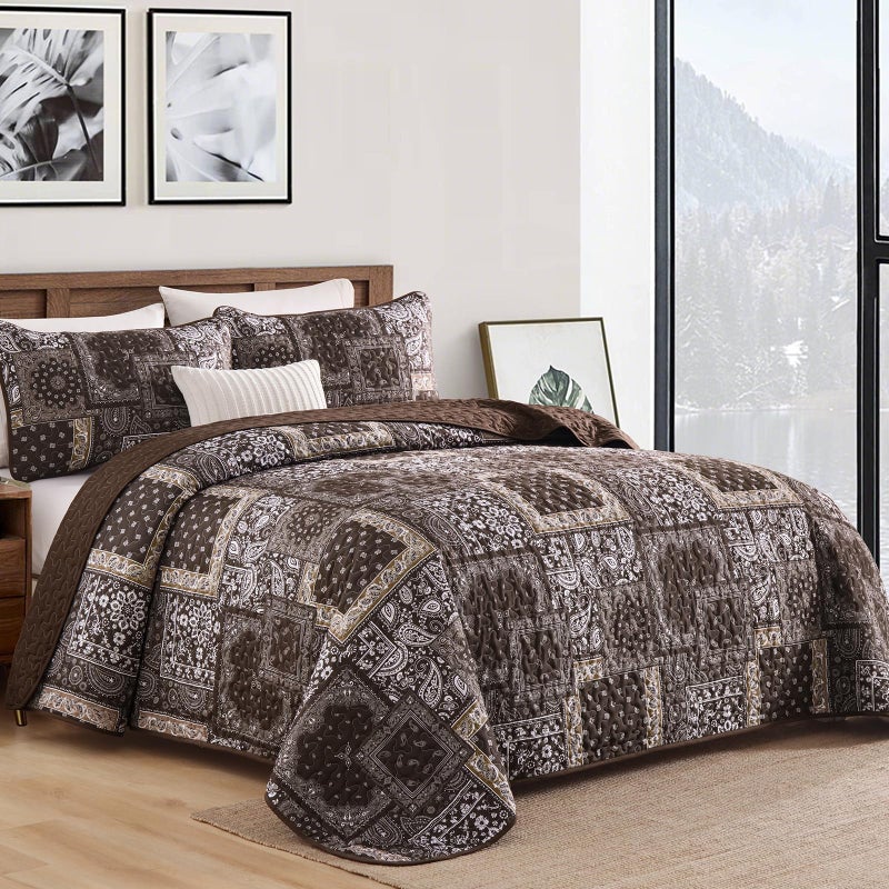 Cottolester Brown Patchwork Quilt Set King Size,3 Pieces Boho Paisley Quilt Set,Farmhouse Bedspread Soft Microfiber Bedding Set for All Season 110"x90" - Image 2