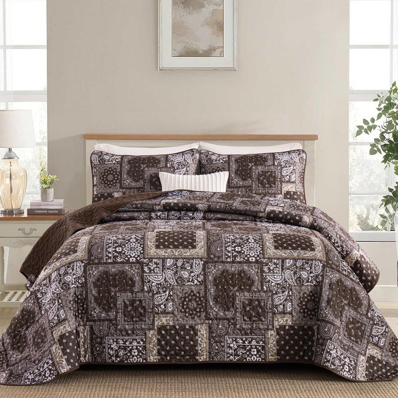 Cottolester Brown Patchwork Quilt Set King Size,3 Pieces Boho Paisley Quilt Set,Farmhouse Bedspread Soft Microfiber Bedding Set for All Season 110"x90" - Image 1